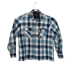 Woodland Mens Large Plaid Flannel Shirt Long Sleeve Blue & White 100% Acrylic
